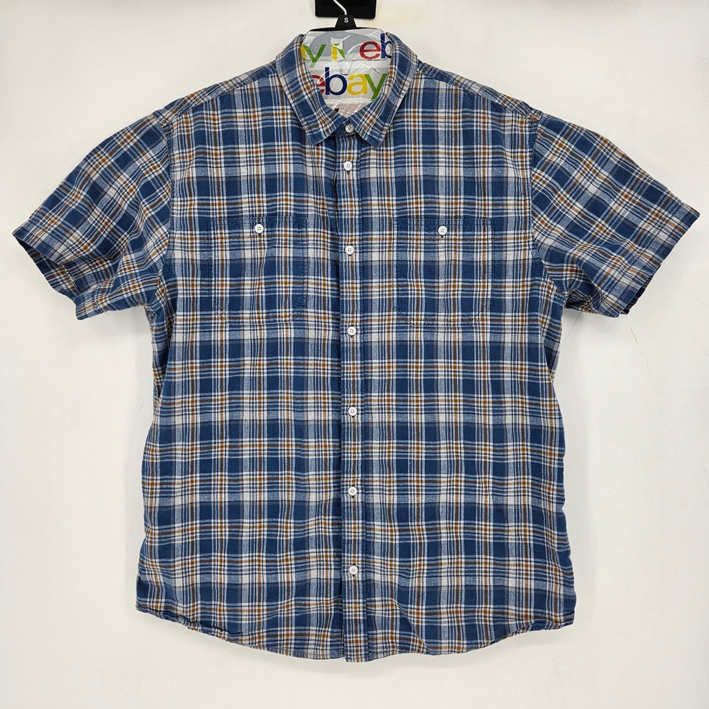 Prana Shirt Mens XL Button‎ Up Short Sleeve Casual Preppy Blue Plaid